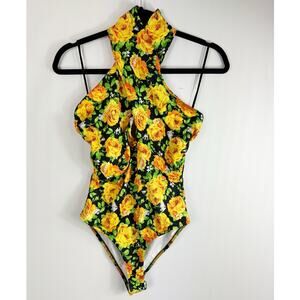 Zara Womens Criss Cross Halter Bodysuit Yellow Floral Black Medium